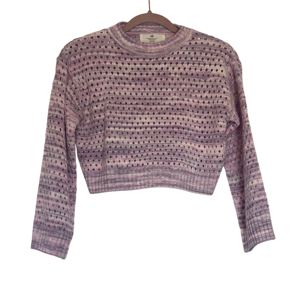 HM Purple Space Dye Pointelle Knit Cropped Sweater Small Women Retro 80's 90's